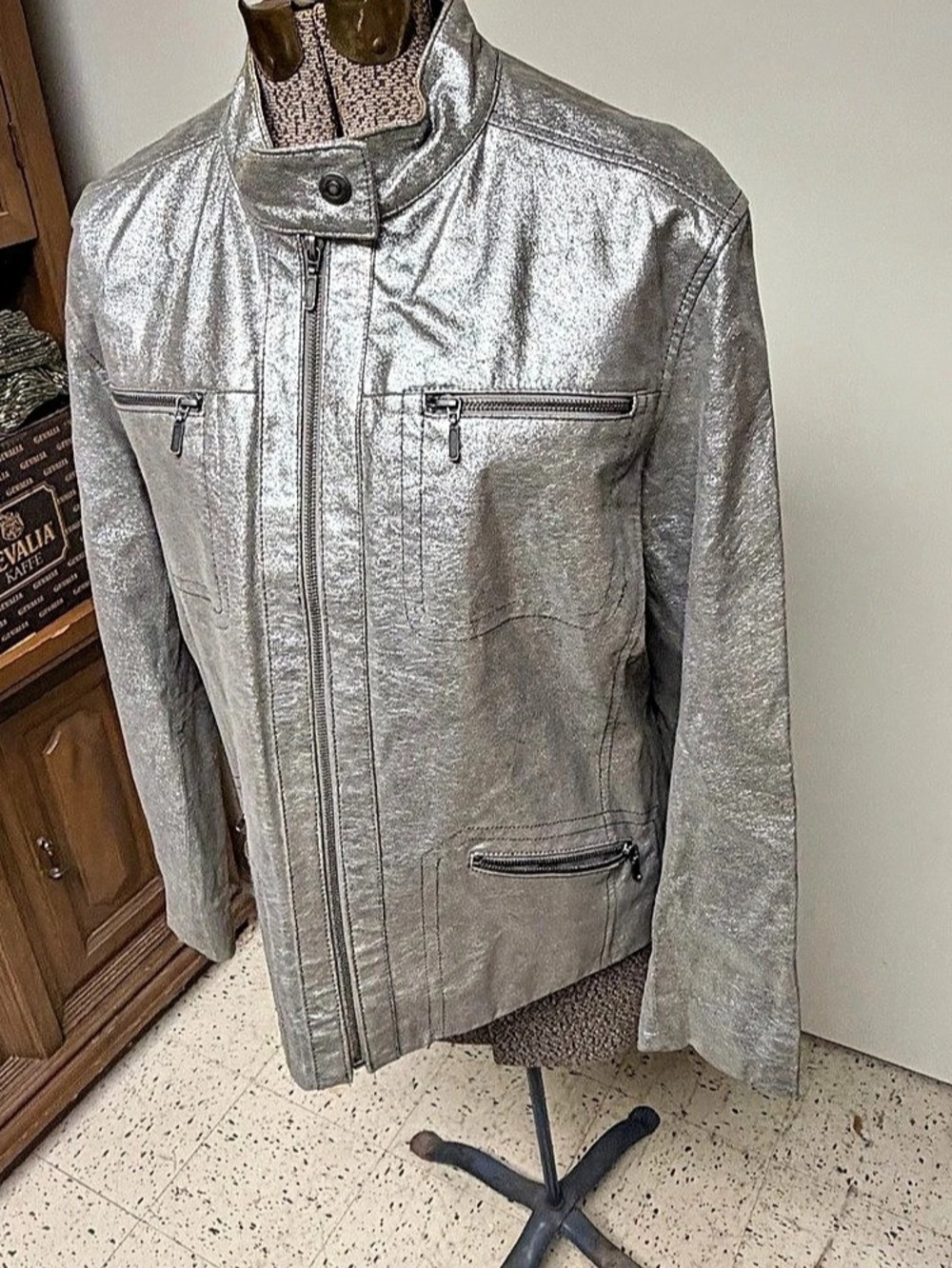 GUESS Silver Leather Moto Jacket Size 3